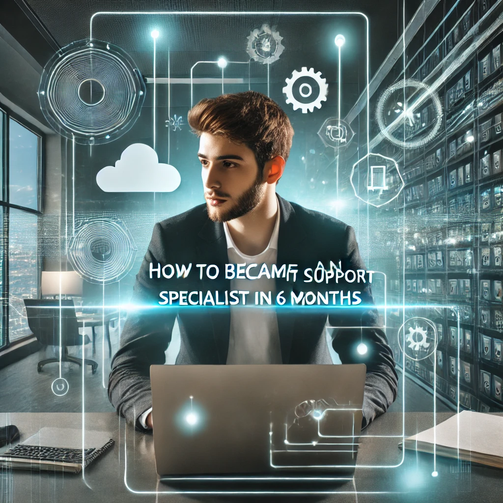 A professional working on a laptop in a futuristic tech-themed environment, surrounded by digital elements like gears, cloud icons, and a network diagram. The image features glowing blue and green tones, symbolizing technology, with a bold text overlay at the bottom that reads 'How to Become an IT Support Specialist in 6 Months.