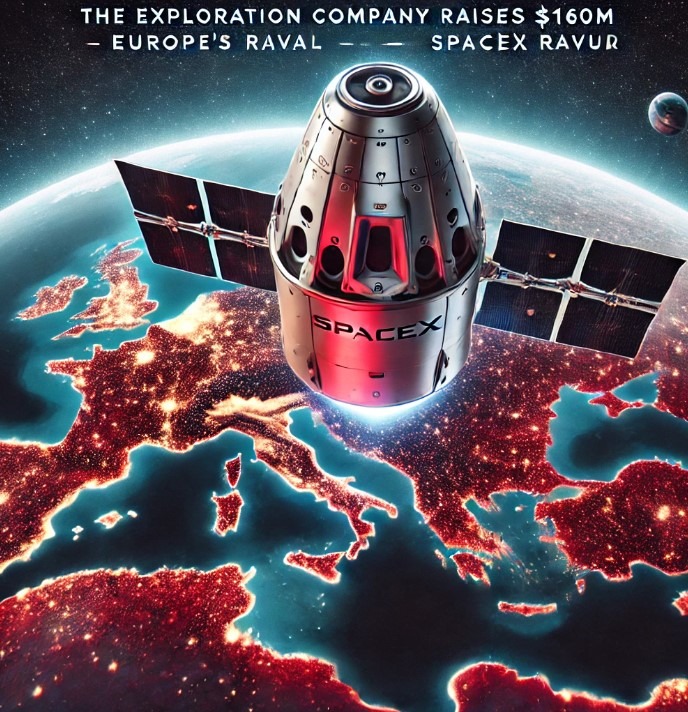 Futuristic European spacecraft resembling SpaceX's Dragon capsule, designed in a metallic red and silver color scheme, hovering above Earth against a vibrant, starry background. The Earth below prominently displays Europe with glowing city lights, symbolizing innovation and progress in space exploration. Text in the foreground reads 'The Exploration Company Raises $160M - Europe’s SpaceX Rival