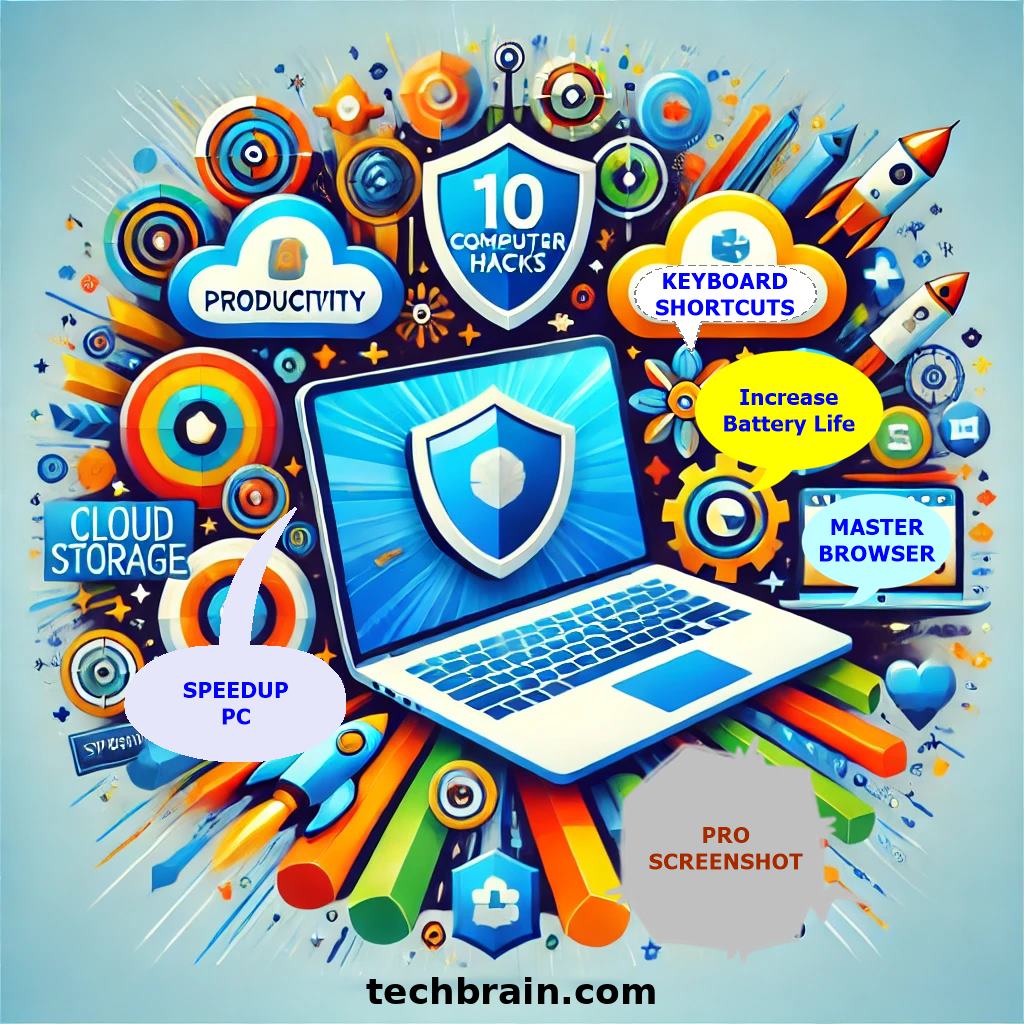 An illustration featuring a laptop and desktop computer surrounded by icons representing productivity and security, including a shield, cloud storage, keyboard shortcuts, and speed boosters. The image has a modern and tech-savvy design with bright colors (blue, green, and orange) on a white background. The text '10 Genius Computer Hacks' is displayed in bold typography, with the website address 'techbrain.com' added at the bottom.