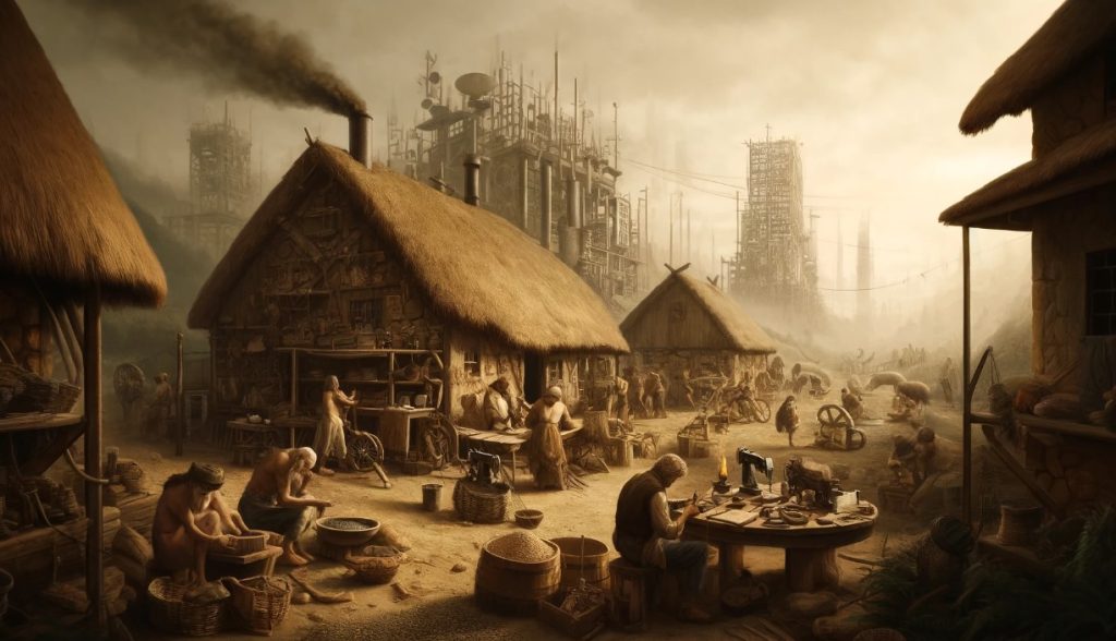 A rustic scene depicting a world without technology, internet, computers, mobile devices, or AI. The image shows a small village with thatched-roof huts surrounded by overgrown vegetation. People are engaged in traditional manual activities, such as grinding grains with simple tools, sewing fabric by hand, and lighting fires using natural methods. In the background, remnants of modern structures are visible, overtaken by nature. The atmosphere is muted and somber, emphasizing a simpler but more challenging lifestyle in a technologically absent world.