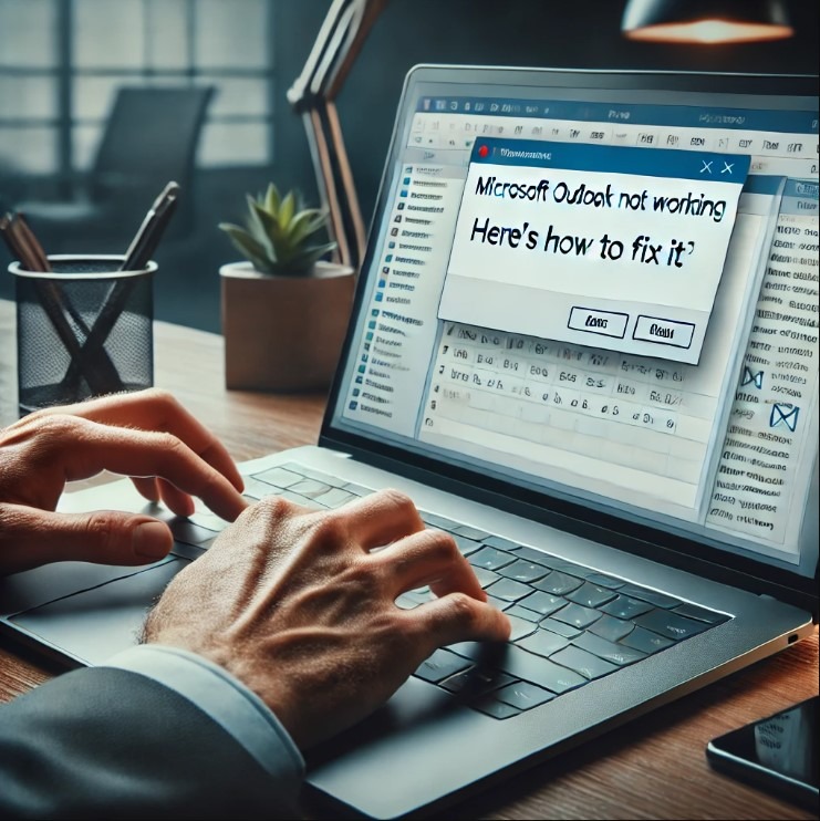 Hands typing on a laptop keyboard with the Microsoft Outlook application displaying an error message on the screen. The background shows a modern office desk setup, representing troubleshooting and technology.